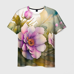 Мужская футболка 3D с принтом Нежные цветы в акварельной технике в Белгороде, 100% полиэфир | прямой крой, круглый вырез горловины, длина до линии бедер | Тематика изображения на принте: 
