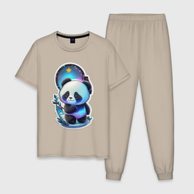 Мужская пижама хлопок с принтом Стикер: милый панда , 100% хлопок | брюки и футболка прямого кроя, без карманов, на брюках мягкая резинка на поясе и по низу штанин
 | 