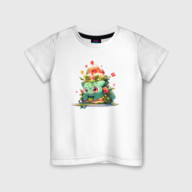 Детская футболка хлопок с принтом Малыш Бульбазавр в Курске, 100% хлопок | круглый вырез горловины, полуприлегающий силуэт, длина до линии бедер | Тематика изображения на принте: 