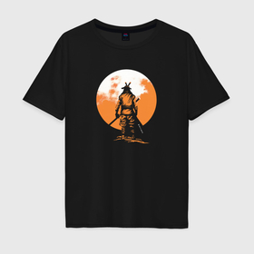 Мужская футболка хлопок Oversize с принтом Самурай на фoне солнца в Белгороде, 100% хлопок | свободный крой, круглый ворот, “спинка” длиннее передней части | 