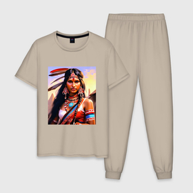Мужская пижама хлопок с принтом Индейская девушка с племени в Екатеринбурге, 100% хлопок | брюки и футболка прямого кроя, без карманов, на брюках мягкая резинка на поясе и по низу штанин
 | Тематика изображения на принте: 