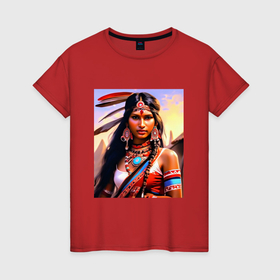 Женская футболка хлопок с принтом Индейская девушка с племени в Новосибирске, 100% хлопок | прямой крой, круглый вырез горловины, длина до линии бедер, слегка спущенное плечо | Тематика изображения на принте: 