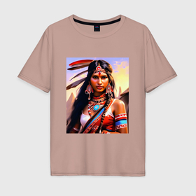 Мужская футболка хлопок Oversize с принтом Индейская девушка с племени в Санкт-Петербурге, 100% хлопок | свободный крой, круглый ворот, “спинка” длиннее передней части | 
