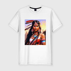 Мужская футболка хлопок Slim с принтом Индейская девушка с племени в Екатеринбурге, 92% хлопок, 8% лайкра | приталенный силуэт, круглый вырез ворота, длина до линии бедра, короткий рукав | Тематика изображения на принте: 