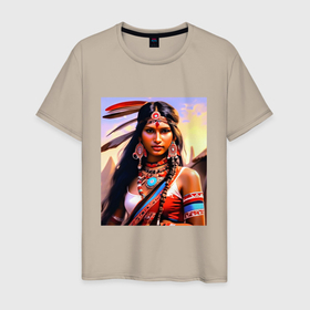 Мужская футболка хлопок с принтом Индейская девушка с племени в Екатеринбурге, 100% хлопок | прямой крой, круглый вырез горловины, длина до линии бедер, слегка спущенное плечо. | 
