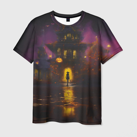 Мужская футболка 3D с принтом Жуткий дом и ведьма с метлой в Екатеринбурге, 100% полиэфир | прямой крой, круглый вырез горловины, длина до линии бедер | 