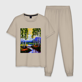 Мужская пижама хлопок с принтом Пиксельный березовый пейзаж в Тюмени, 100% хлопок | брюки и футболка прямого кроя, без карманов, на брюках мягкая резинка на поясе и по низу штанин
 | 