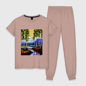 Женская пижама хлопок с принтом Пиксельный березовый пейзаж в Белгороде, 100% хлопок | брюки и футболка прямого кроя, без карманов, на брюках мягкая резинка на поясе и по низу штанин | 