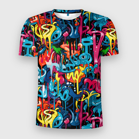 Мужская футболка 3D Slim с принтом Яркий граффити дворов в Кировске, 100% полиэстер с улучшенными характеристиками | приталенный силуэт, круглая горловина, широкие плечи, сужается к линии бедра | 