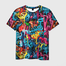 Мужская футболка 3D с принтом Яркий граффити дворов в Кировске, 100% полиэфир | прямой крой, круглый вырез горловины, длина до линии бедер | 