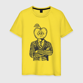 Мужская футболка хлопок с принтом Яблочная голова в Екатеринбурге, 100% хлопок | прямой крой, круглый вырез горловины, длина до линии бедер, слегка спущенное плечо. | 