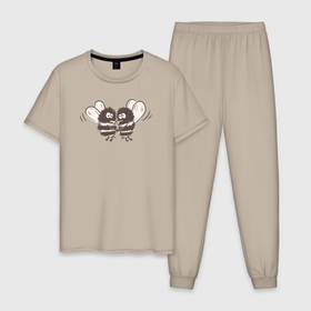 Мужская пижама хлопок с принтом Влюблённые пчёлки в Курске, 100% хлопок | брюки и футболка прямого кроя, без карманов, на брюках мягкая резинка на поясе и по низу штанин
 | 