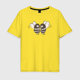 Мужская футболка хлопок Oversize с принтом Влюблённые пчёлки в Курске, 100% хлопок | свободный крой, круглый ворот, “спинка” длиннее передней части | 