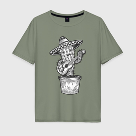 Мужская футболка хлопок Oversize с принтом Кактус с гитарой в Белгороде, 100% хлопок | свободный крой, круглый ворот, “спинка” длиннее передней части | Тематика изображения на принте: 