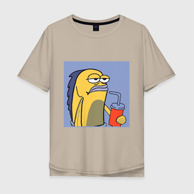Мужская футболка хлопок Oversize с принтом Спанч Боб рыба мем в Санкт-Петербурге, 100% хлопок | свободный крой, круглый ворот, “спинка” длиннее передней части | 