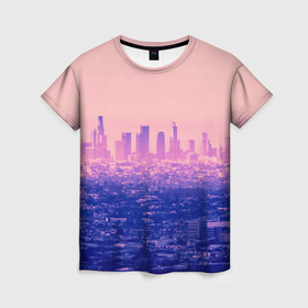 Женская футболка 3D с принтом Город в розовом и фиолетовом цветах в Тюмени, 100% полиэфир ( синтетическое хлопкоподобное полотно) | прямой крой, круглый вырез горловины, длина до линии бедер | 