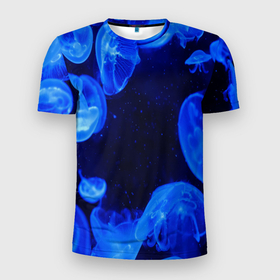 Мужская футболка 3D Slim с принтом медузы голубого цвета в Екатеринбурге, 100% полиэстер с улучшенными характеристиками | приталенный силуэт, круглая горловина, широкие плечи, сужается к линии бедра | 