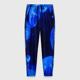 Мужские брюки 3D с принтом медузы голубого цвета в Екатеринбурге, 100% полиэстер | манжеты по низу, эластичный пояс регулируется шнурком, по бокам два кармана без застежек, внутренняя часть кармана из мелкой сетки | 