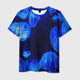 Мужская футболка 3D с принтом медузы голубого цвета в Екатеринбурге, 100% полиэфир | прямой крой, круглый вырез горловины, длина до линии бедер | 