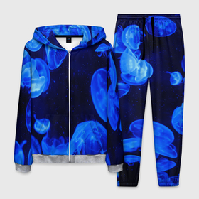 Мужской костюм 3D с принтом медузы голубого цвета в Екатеринбурге, 100% полиэстер | Манжеты и пояс оформлены тканевой резинкой, двухслойный капюшон со шнурком для регулировки, карманы спереди | 