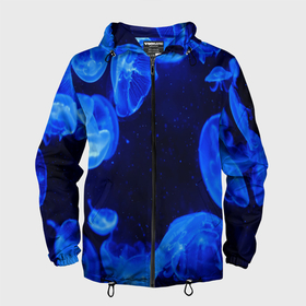 Мужская ветровка 3D с принтом медузы голубого цвета в Екатеринбурге, 100% полиэстер | подол и капюшон оформлены резинкой с фиксаторами, два кармана без застежек по бокам, один потайной карман на груди | 