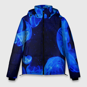 Мужская зимняя куртка 3D с принтом медузы голубого цвета в Санкт-Петербурге, верх — 100% полиэстер; подкладка — 100% полиэстер; утеплитель — 100% полиэстер | длина ниже бедра, свободный силуэт Оверсайз. Есть воротник-стойка, отстегивающийся капюшон и ветрозащитная планка. 

Боковые карманы с листочкой на кнопках и внутренний карман на молнии. | Тематика изображения на принте: 