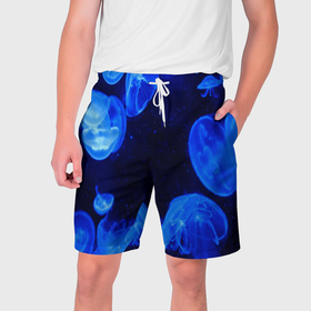Мужские шорты 3D с принтом медузы голубого цвета в Екатеринбурге,  полиэстер 100% | прямой крой, два кармана без застежек по бокам. Мягкая трикотажная резинка на поясе, внутри которой широкие завязки. Длина чуть выше колен | 