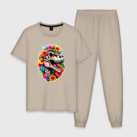 Мужская пижама хлопок с принтом Череп динозавра с цветами в мексиканском стиле в Курске, 100% хлопок | брюки и футболка прямого кроя, без карманов, на брюках мягкая резинка на поясе и по низу штанин
 | 