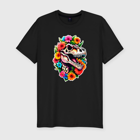 Мужская футболка хлопок Slim с принтом Череп динозавра с цветами в мексиканском стиле в Екатеринбурге, 92% хлопок, 8% лайкра | приталенный силуэт, круглый вырез ворота, длина до линии бедра, короткий рукав | 