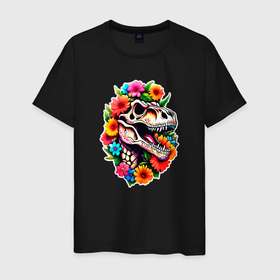 Мужская футболка хлопок с принтом Череп динозавра с цветами в мексиканском стиле в Петрозаводске, 100% хлопок | прямой крой, круглый вырез горловины, длина до линии бедер, слегка спущенное плечо. | 