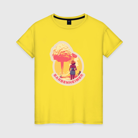 Женская футболка хлопок с принтом Барби смотрит на гриб   Барбигеймер в Белгороде, 100% хлопок | прямой крой, круглый вырез горловины, длина до линии бедер, слегка спущенное плечо | 