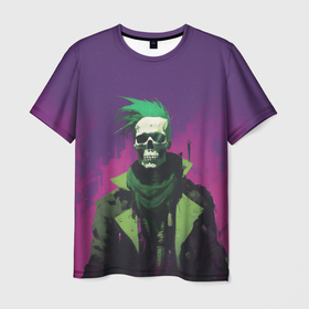 Мужская футболка 3D с принтом Зомби скелет панк с зеленым ирокезом в Курске, 100% полиэфир | прямой крой, круглый вырез горловины, длина до линии бедер | 