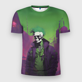 Мужская футболка 3D Slim с принтом Зеленый скелет панк и фиолетовый город , 100% полиэстер с улучшенными характеристиками | приталенный силуэт, круглая горловина, широкие плечи, сужается к линии бедра | 