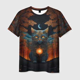 Мужская футболка 3D с принтом Черный кот в осеннем лесу в Петрозаводске, 100% полиэфир | прямой крой, круглый вырез горловины, длина до линии бедер | Тематика изображения на принте: 