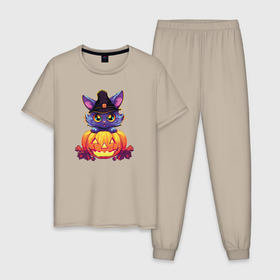 Мужская пижама хлопок с принтом Милый котик и тыква   Хэллоуин в Тюмени, 100% хлопок | брюки и футболка прямого кроя, без карманов, на брюках мягкая резинка на поясе и по низу штанин
 | 