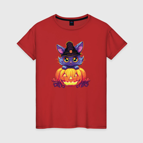 Женская футболка хлопок с принтом Милый котик и тыква   Хэллоуин , 100% хлопок | прямой крой, круглый вырез горловины, длина до линии бедер, слегка спущенное плечо | 