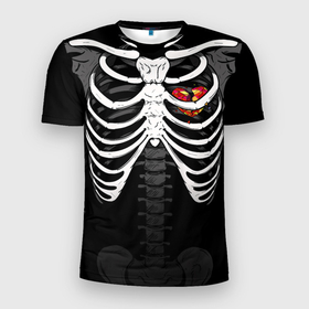 Мужская футболка 3D Slim с принтом Скелет: ребра с разбитым сердцем в Тюмени, 100% полиэстер с улучшенными характеристиками | приталенный силуэт, круглая горловина, широкие плечи, сужается к линии бедра | Тематика изображения на принте: 