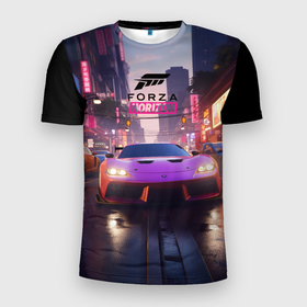 Мужская футболка 3D Slim с принтом Forza Horizon street racing в Курске, 100% полиэстер с улучшенными характеристиками | приталенный силуэт, круглая горловина, широкие плечи, сужается к линии бедра | 