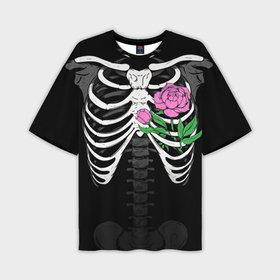 Мужская футболка oversize 3D с принтом Скелет: ребра с пионом в Кировске,  |  | Тематика изображения на принте: 
