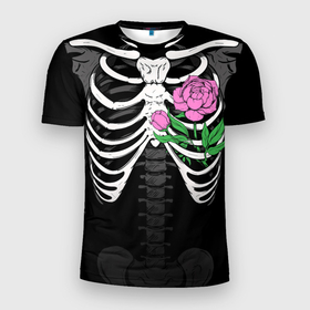 Мужская футболка 3D Slim с принтом Скелет: ребра с пионом , 100% полиэстер с улучшенными характеристиками | приталенный силуэт, круглая горловина, широкие плечи, сужается к линии бедра | 