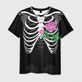 Мужская футболка 3D с принтом Скелет: ребра с пионом в Белгороде, 100% полиэфир | прямой крой, круглый вырез горловины, длина до линии бедер | 