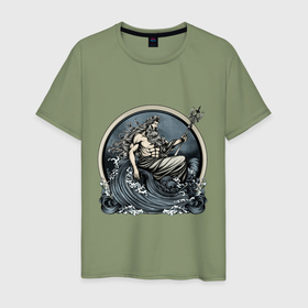 Мужская футболка хлопок с принтом Посейдон. Бог морей. в Тюмени, 100% хлопок | прямой крой, круглый вырез горловины, длина до линии бедер, слегка спущенное плечо. | 