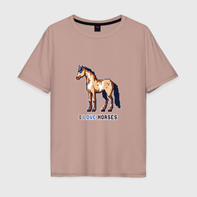 Мужская футболка хлопок Oversize с принтом Пиксель лошадка в Екатеринбурге, 100% хлопок | свободный крой, круглый ворот, “спинка” длиннее передней части | 
