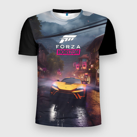 Мужская футболка 3D Slim с принтом Forza horizon racing в Новосибирске, 100% полиэстер с улучшенными характеристиками | приталенный силуэт, круглая горловина, широкие плечи, сужается к линии бедра | 