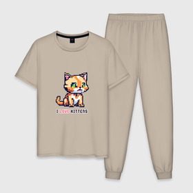 Мужская пижама хлопок с принтом Пиксельный котенок в Тюмени, 100% хлопок | брюки и футболка прямого кроя, без карманов, на брюках мягкая резинка на поясе и по низу штанин
 | 