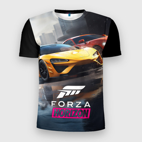 Мужская футболка 3D Slim с принтом Forza   Horizon в Тюмени, 100% полиэстер с улучшенными характеристиками | приталенный силуэт, круглая горловина, широкие плечи, сужается к линии бедра | 