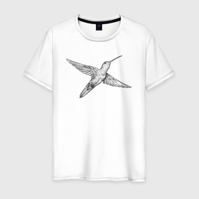 Мужская футболка хлопок с принтом Колибри летит в Тюмени, 100% хлопок | прямой крой, круглый вырез горловины, длина до линии бедер, слегка спущенное плечо. | 