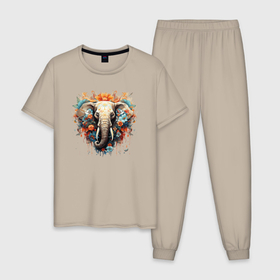 Мужская пижама хлопок с принтом Слон в цветах   хиппи арт принт , 100% хлопок | брюки и футболка прямого кроя, без карманов, на брюках мягкая резинка на поясе и по низу штанин
 | 