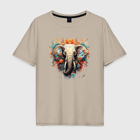 Мужская футболка хлопок Oversize с принтом Слон в цветах   хиппи арт принт в Курске, 100% хлопок | свободный крой, круглый ворот, “спинка” длиннее передней части | 