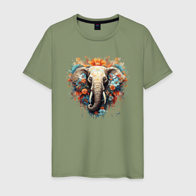 Мужская футболка хлопок с принтом Слон в цветах   хиппи арт принт в Курске, 100% хлопок | прямой крой, круглый вырез горловины, длина до линии бедер, слегка спущенное плечо. | 